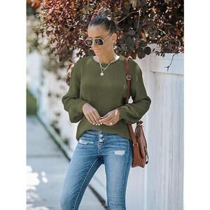 MEROKEETY Olive Green Long Sleeve Tunic Sweaters Casual Crew Neck Waffle Knit